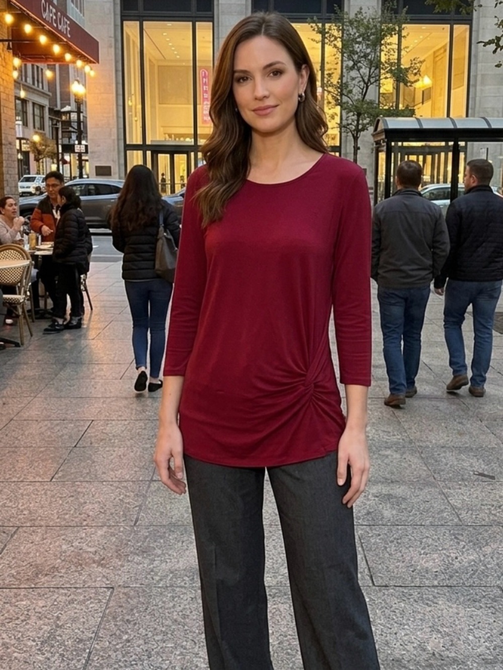 Everyday Scoop Neck Long Sleeve Top with Side Knot in Wine